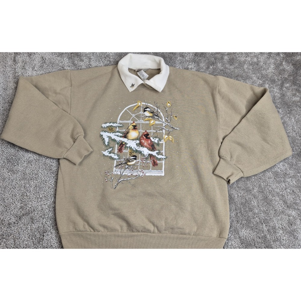 Vtg Day Breeze Sweater Womens Size L Beige Pullover Winter Cardinal Red Bird 80s